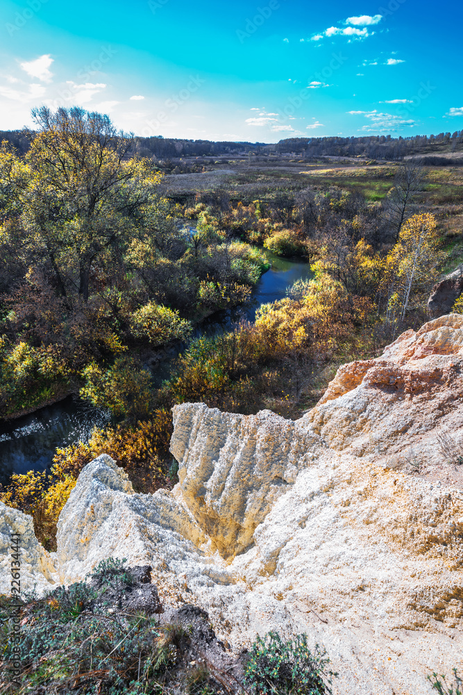 The output of limy rocks of organic origin near the river. Western Siberia, Russia