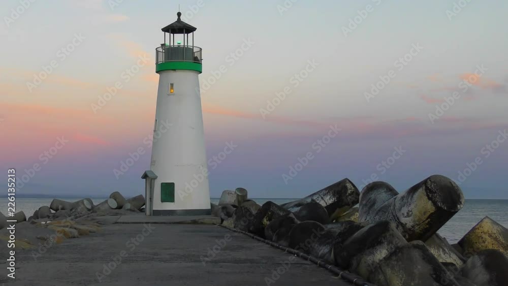 The Santa Cruz Breakwater (aka Walton) Lighthouse at sunset, in Santa Cruz, California, USA, circa April 2017 The Santa Cruz Breakwater (aka Walton) Lighthouse at sunset, in Santa Cruz, California, USA, circa April 2017