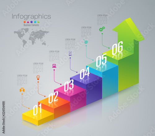 Stair infographics design vector and business icons with 6 options.