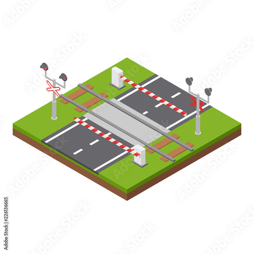 Railway crossing with a road, automatic barriers, traffic lights. Isometric constructor.