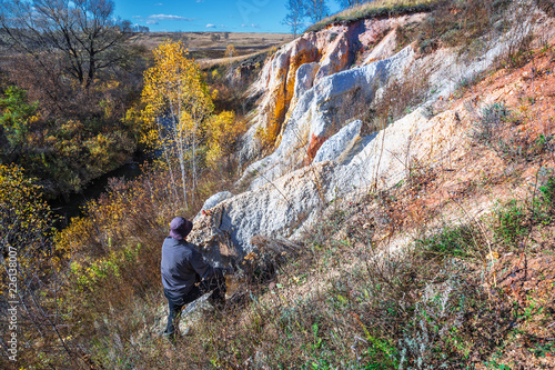 The output of limy rocks of organic origin near the river. Western Siberia, Russia