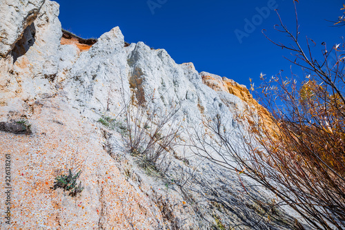 The output of limy rocks of organic origin near the river. Western Siberia, Russia