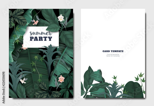 Tropical botanical garden invitation card template design, Cattleya orchid flowers with leaves on black background