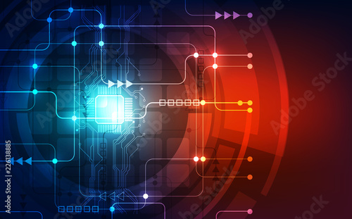 Abstract technology chip processor background circuit board and code, illustration blue technology background vector.