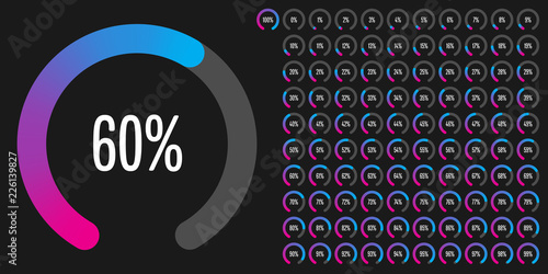 Set of circular sector percentage diagrams from 0 to 100 ready-to-use for web design, user interface (UI) or infographic - indicator with gradient from magenta (hot pink) to cyan (blue)