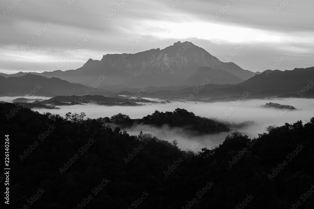 Majestic beautiful Mount Kinabalu in Black and white