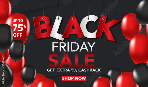 Black Friday Sale banner template background with red and black ballons and conffeti. Special offer. end of season, Template for brochure, web banner, flyer. vector illustration.