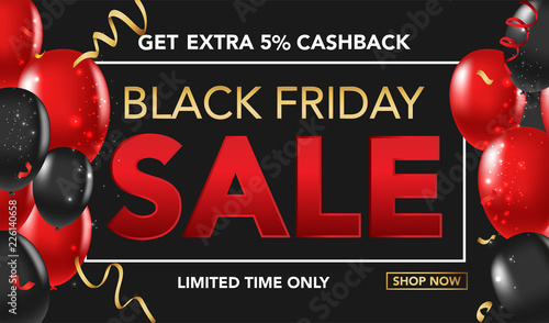 Black Friday Sale banner template background with red and black ballons and conffeti. Special offer. end of season, Template for brochure, web banner, flyer. vector illustration.