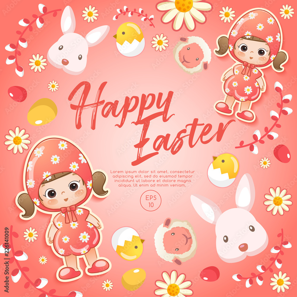Fototapeta premium Baby girl in easter costume surrounding with easter colorful elements for Easter Card Template : Vector Illustration