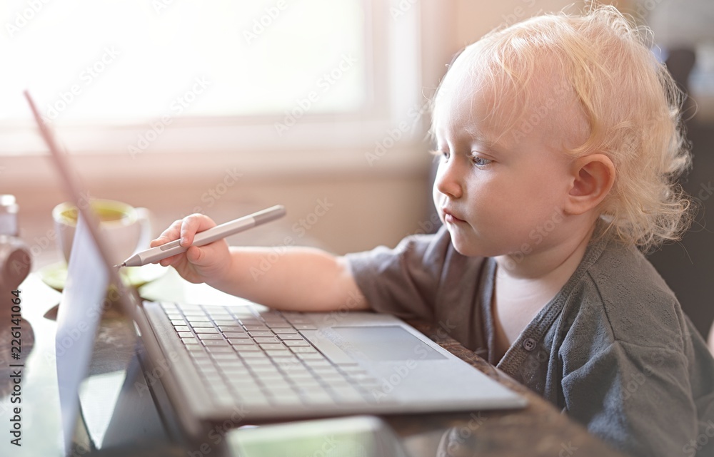 Baby playing with laptop computer Baby playing with laptop computer