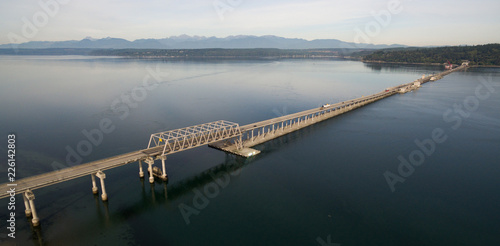 Aerial View Puget Sound Hood Canal Floating Bridge Crossing Olympic Mountains Backgound photo