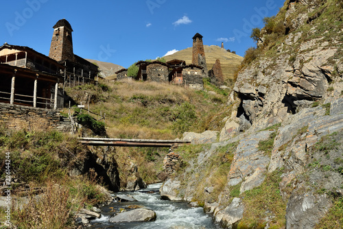 Dartlo village Tusheti region, Georgia. Defensive towers on the Caucasus trekking. photo