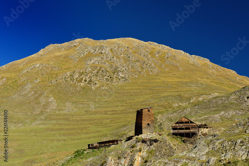 Parsma village Tusheti region, Georgia. Defensive towers on the Caucasus trekking. photo