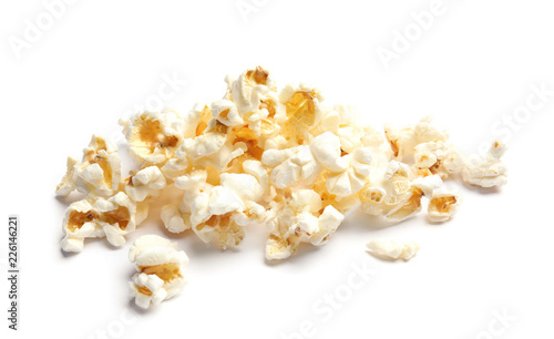 Pile of delicious fresh popcorn on white background
