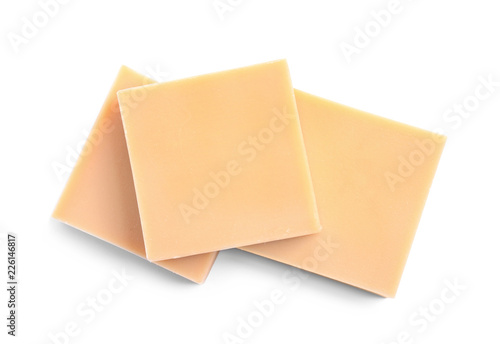 Hand made soap bars on white background, top view