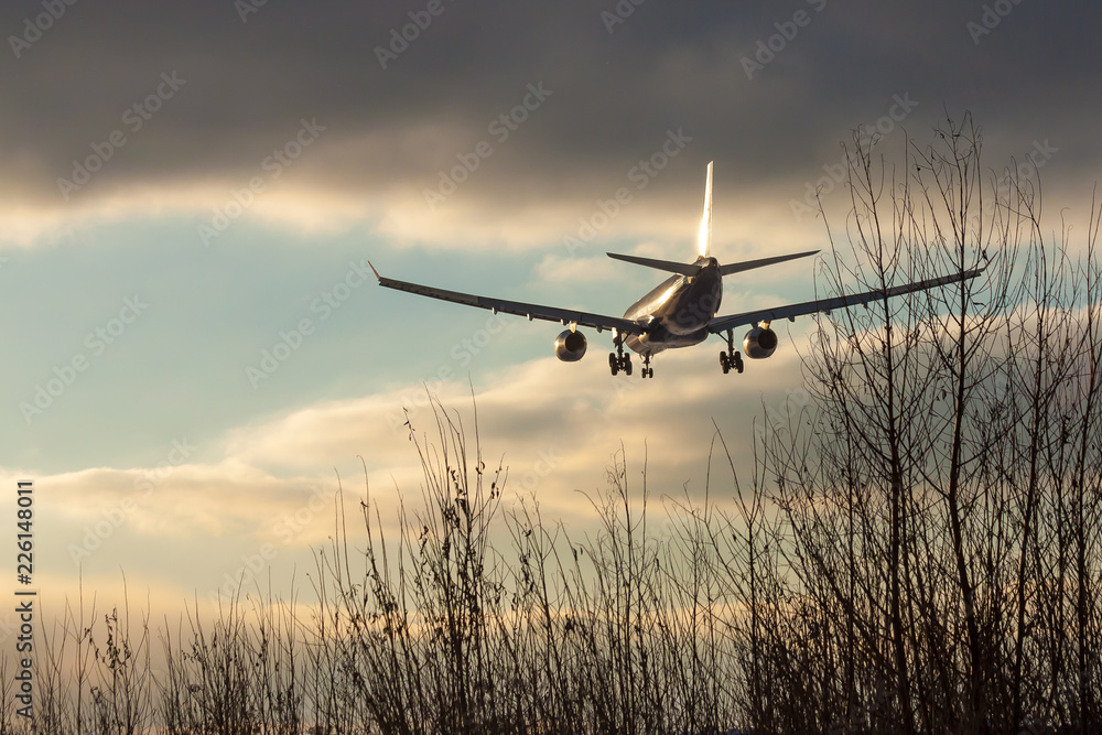 On a snowy winter evening, a jet plane lands at Sheremetyevo Airport in Moscow, Russia On a snowy winter evening, a jet plane lands at Sheremetyevo Airport in Moscow, Russia