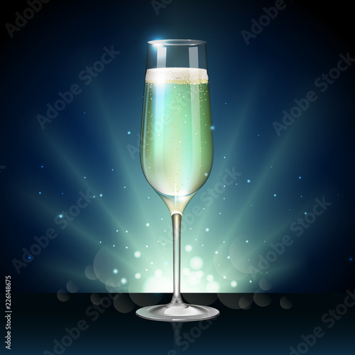 Realistic vector illustration of champagne glass on blurred holiday winter blue sparkle background