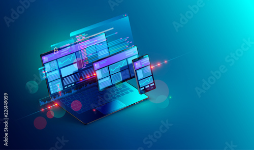 Web development and coding. Cross platform development website. Adaptive layout internet page or web interface on screen laptop, tablet and phone. Isometric concept illustration.