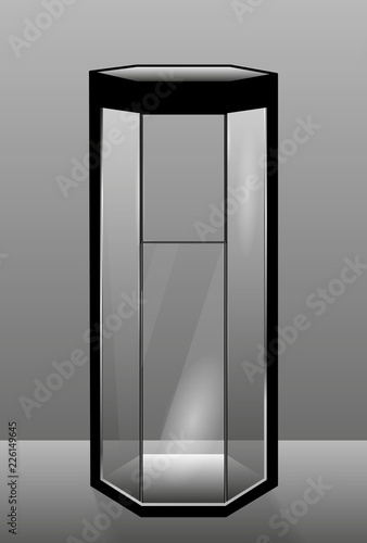 Vertical oriented transparent glass terrarium with sliding door. High empty serpentarium, paludarium, florarium, vivarium, Desighn element, realistic element for pet shop poster.