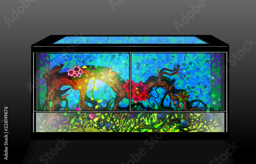 Florarium, serpentarium realistic illustration. Home for exotic pets, paludarium for frogs, reptiles. Vector illustration of amphibian tanks for pet shop. Rainy forest animals home.