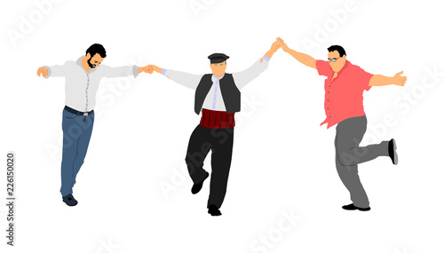 A Greek Evzone dancing group vector isolated on white background. Traditional folk dance. Dancing man vector illustration. Traditional Balkan dance kolo. Sirtaki, Syrtaki, dance. Wedding dance.