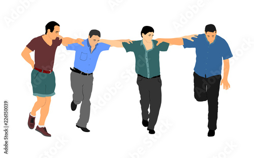 A Greek Evzone dancing group vector isolated on white background. Traditional folk dance. Dancing man vector illustration. Traditional Balkan dance kolo. Sirtaki, Syrtaki, dance. Wedding dance.