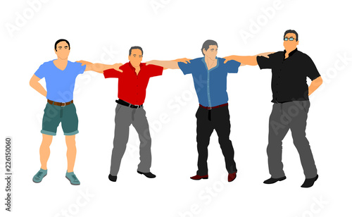 A Greek Evzone dancing group vector isolated on white background. Traditional folk dance. Dancing man vector illustration. Traditional Balkan dance kolo. Sirtaki, Syrtaki, dance. Wedding dance.