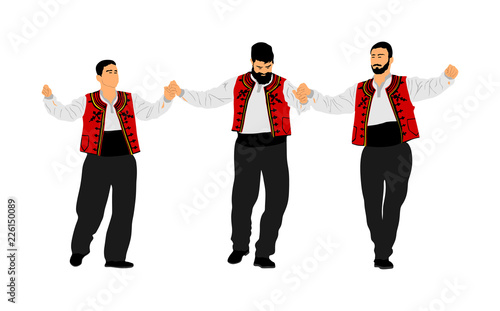A Greek Evzone dancing group vector isolated on white background. Traditional folk dance. Dancing man vector illustration. Traditional Balkan dance kolo. Sirtaki, Syrtaki, dance. Wedding dance.