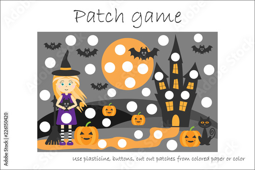 Education Patch game halloween for children to develop motor skills, use plasticine patches, buttons, colored paper or color the page, kids preschool activity, printable worksheet, vector illustration