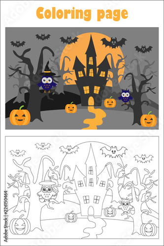 Halloween picture in cartoon style  coloring page  education paper game for the development of children  kids preschool activity  printable worksheet  vector illustration