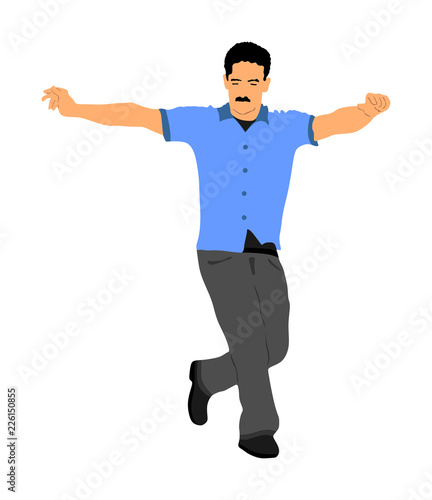 A Greek Evzone dancing vector isolated on white background. Traditional folk dance. Dancing man vector illustration. Traditional Balkan dance kolo. Sirtaki, Syrtaki, Zorba dance. Wedding dance.