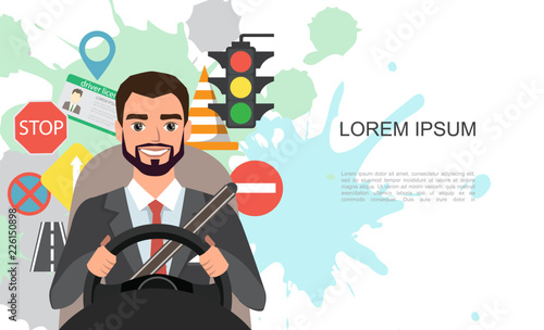 Banner illustration of businessman driving a car. Set of road symbols and driver character