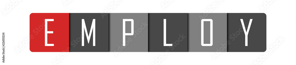Employ - clear white text written in red and gray boxes on white background Employ - clear white text written in red and gray boxes on white background