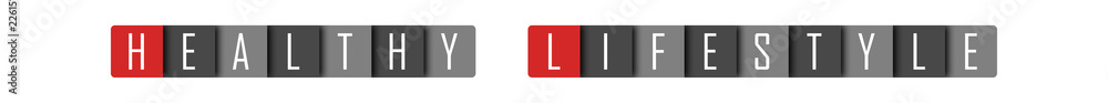 Healthy Lifestyle - clear white text written in red and gray boxes on white background Healthy Lifestyle - clear white text written in red and gray boxes on white background