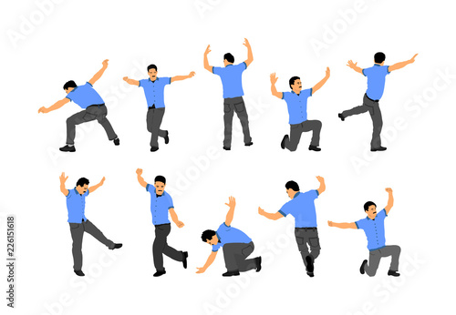 A Greek Evzone dancing vector isolated on white background. Traditional folk dance. Dancing man vector illustration. Traditional Balkan dance kolo. Sirtaki, Syrtaki, Zorba dance. Wedding dance.