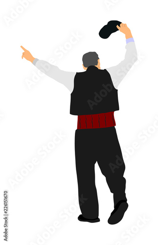 A Greek Evzone dancing vector isolated on white background. Traditional folk dance. Dancing man vector illustration. Traditional Balkan dance kolo. Sirtaki, Syrtaki, Zorba dance. Wedding dance. photo