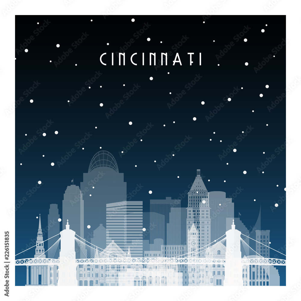 Winter night in Cincinnati. Night city in flat style for banner, poster, illustration, background.