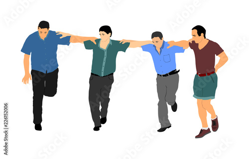 A Greek Evzone dancing group vector isolated on white background. Traditional folk dance. Dancing man vector illustration. Traditional Balkan dance kolo. Sirtaki, Syrtaki, dance. Wedding dance.
