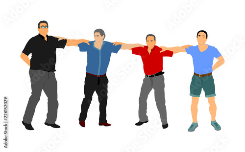 A Greek Evzone dancing group vector isolated on white background. Traditional folk dance. Dancing man vector illustration. Traditional Balkan dance kolo. Sirtaki, Syrtaki, dance. Wedding dance.