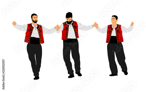 A Greek Evzone dancing group vector isolated on white background. Traditional folk dance. Dancing man vector illustration. Traditional Balkan dance kolo. Sirtaki, Syrtaki, dance. Wedding dance.