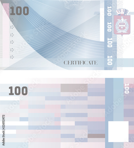 Gift certificate Voucher template 100 with guilloche pattern watermarks and border. Background usable for coupon, banknote, money design, currency, note, check etc. Vector in blue color