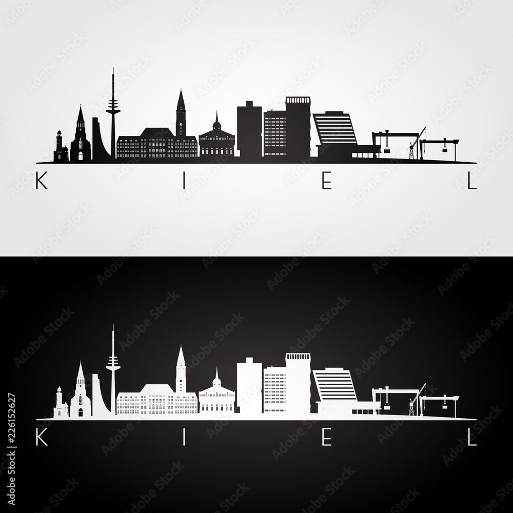 Kiel skyline and landmarks silhouette, black and white design, vector illustration.