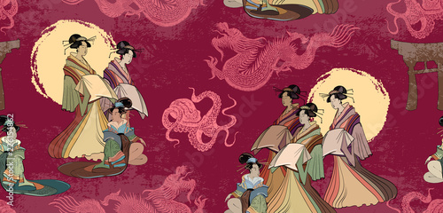 Japanese and Chinese culture seamless pattern. Red sun, dragons and geisha woman pattern. Japan art