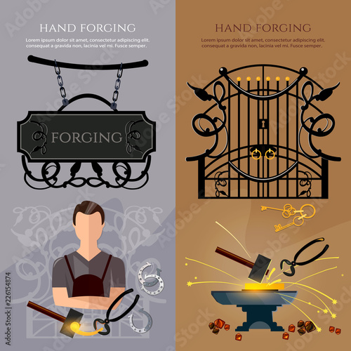 Blacksmith hammer and anvil, work in smithy. Professional smith banner. Iron works concept. Forging on gland, creation of iron fencings and fences