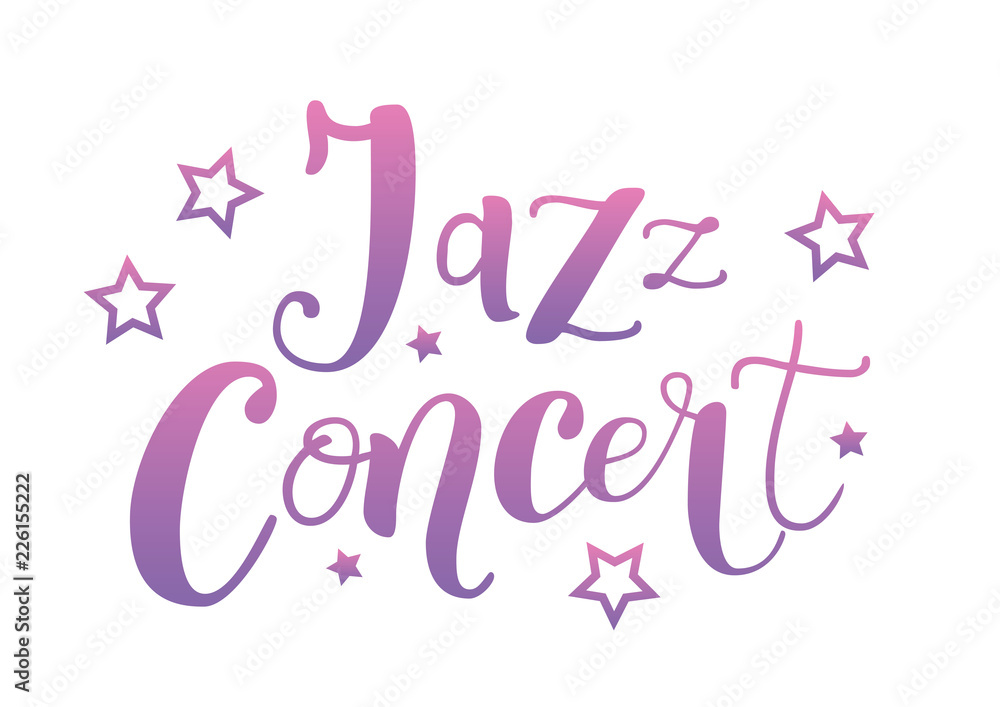 Lettering of Jazz Concert in pink purple with stars on white background for decoration, poster, banner, advertising, placard, affiche, show bill, sticker, music festival, concert, invitation, ticket Lettering of Jazz Concert in pink purple with stars on white background for decoration, poster, banner, advertising, placard, affiche, show bill, sticker, music festival, concert, invitation, ticket