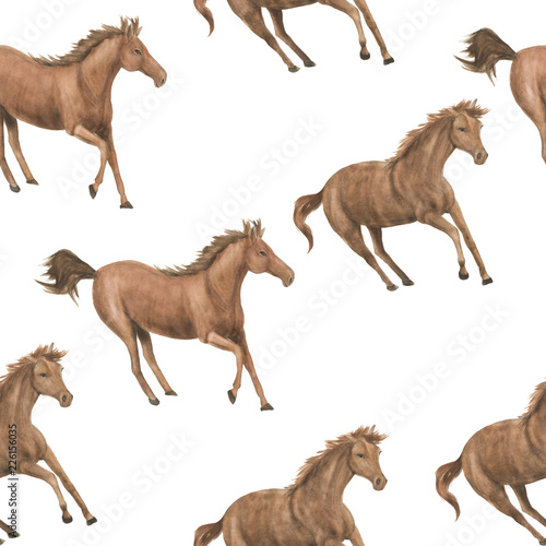 Watercolor painting seamless pattern with running horses