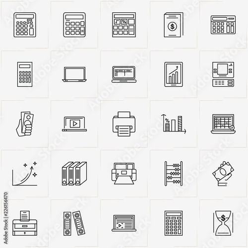 Accountant line icon set with printer, mobile graphics and graphics