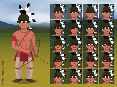 Native American Archer Warrior Cartoon Emotion faces Vector Illustration
