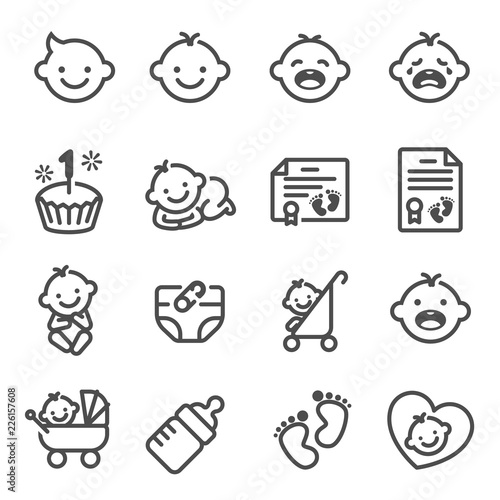 Line Vector Icon Set of Baby Newborn. Contains Icons Birth Certificate, Trolley, Diapers, Birthday Cake and more.