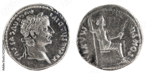 Ancient Roman silver denarius coin of Emperor Tiberius. photo